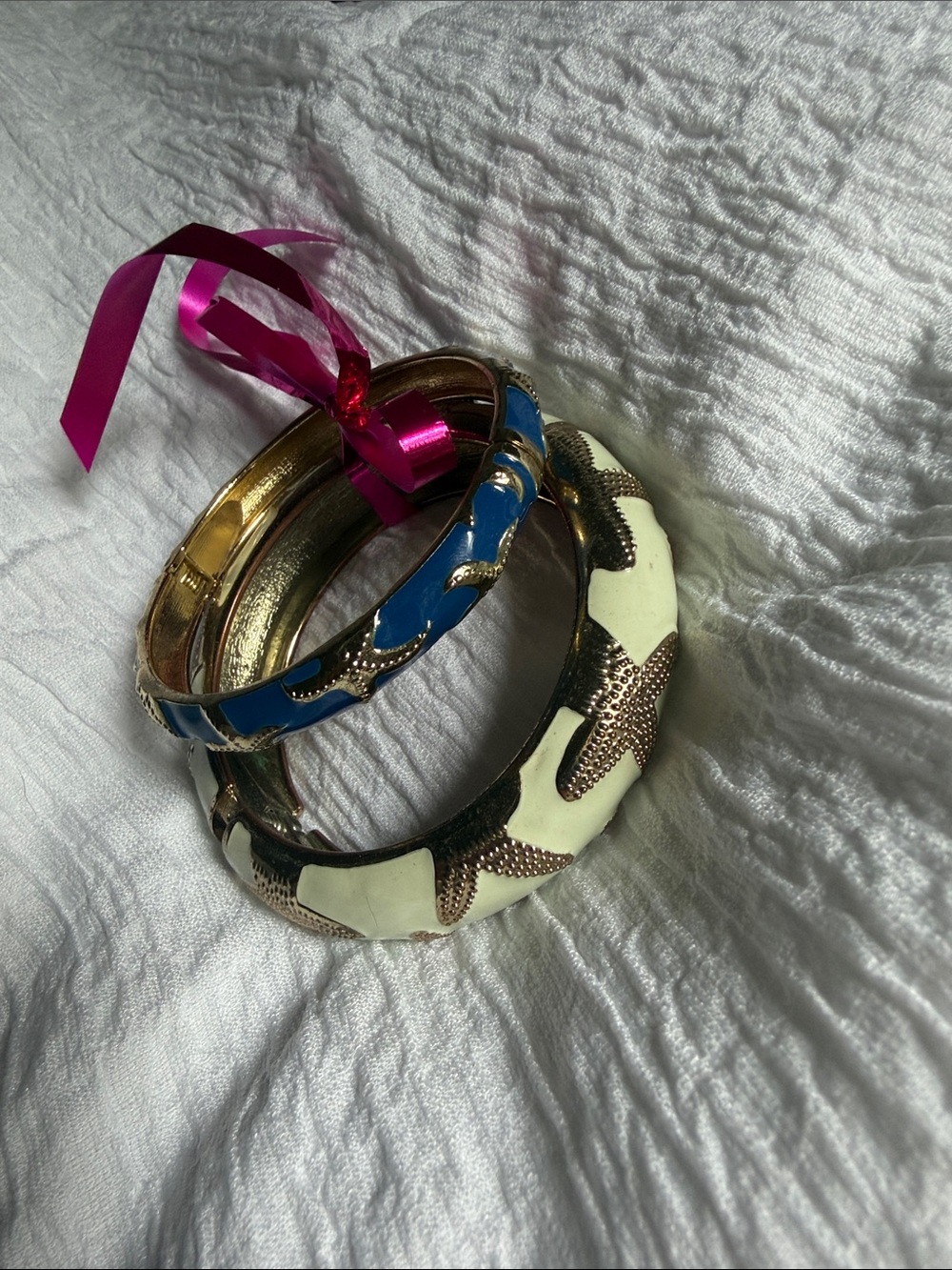 Gold-Tone Blue and Cream Enamel Bangle Set - Women's Jewelry